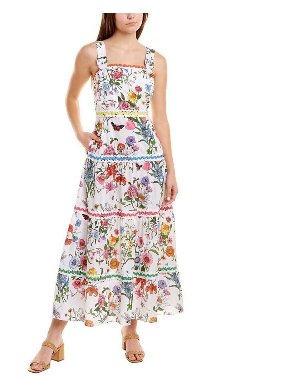 J. McLaughlin Floral Ric Rac Trim Maxi Dress White Multicolor Size 8 NWOT